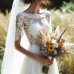 Bride with a short-sleeved wedding dress hand with flower