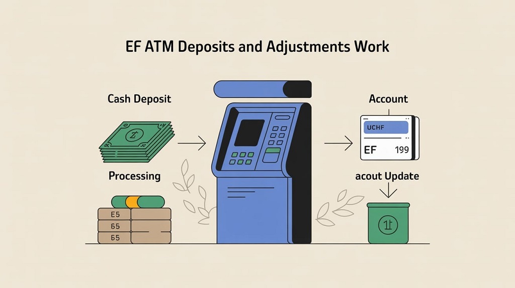 Illustration explaining how EF ATM deposits and adjustments work, showing cash deposit, processing, and account update steps.