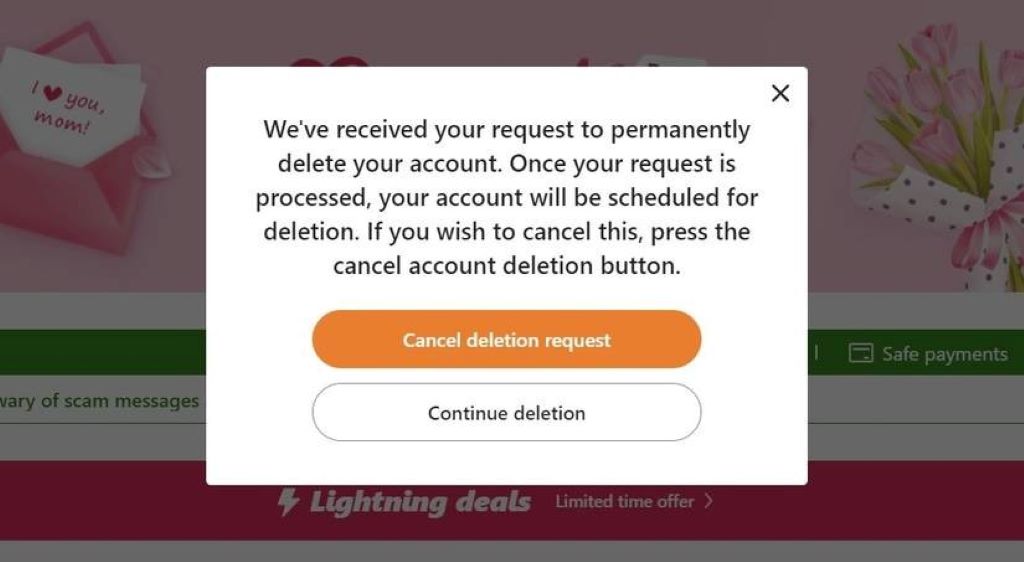 Screenshot showing Temu account settings page with deletion options highlighted