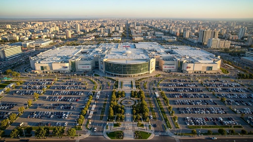 Aerial view of massive shopping mall complex with parking lots filled with cars and surrounding urban landscape