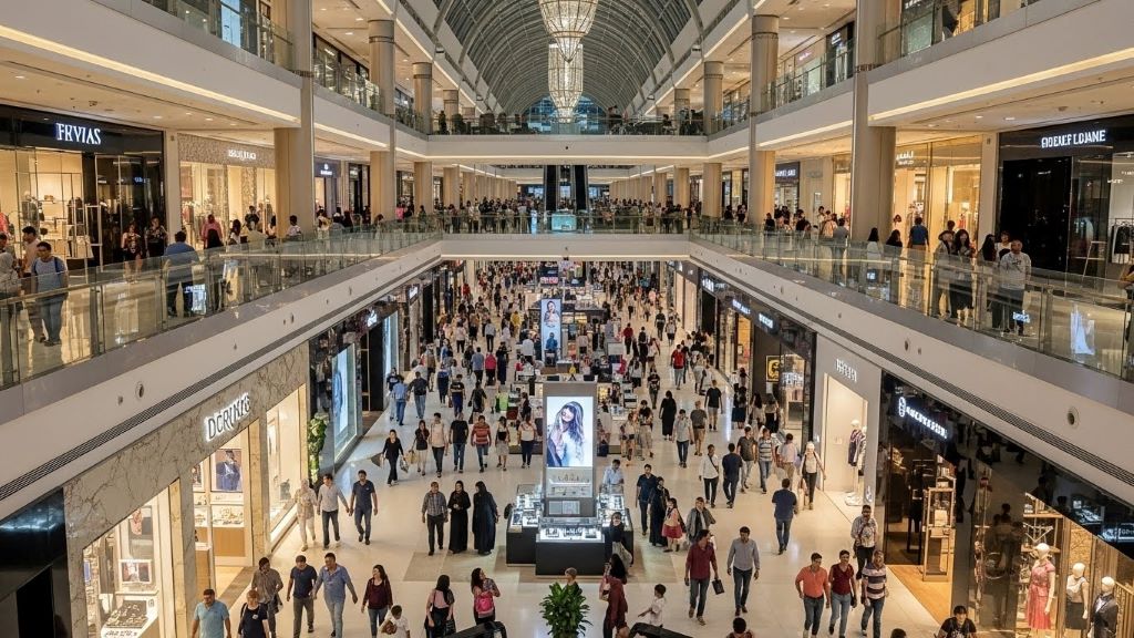Crowded interior view of Dubai Mall showing multiple floors filled with shoppers and luxury retail stores