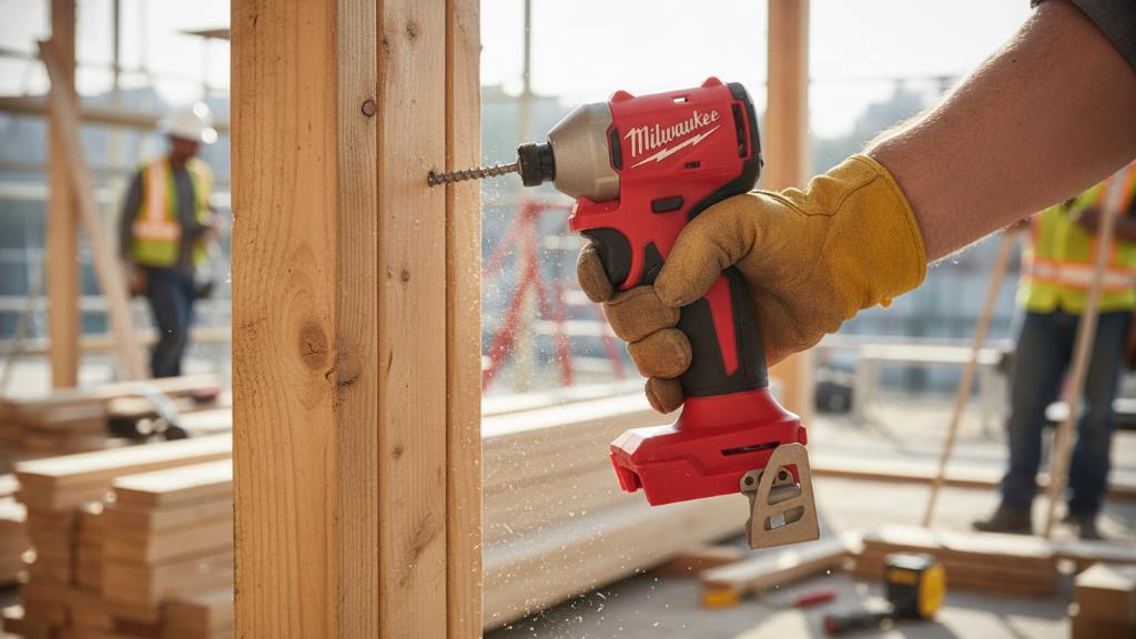 Milwaukee M18 Fuel brushless impact driver in action on a construction site, driving screws into wood framing with a worker's hand visible.