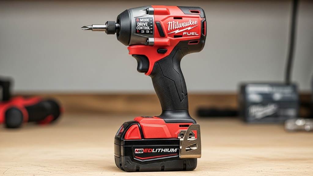 Milwaukee M18 Fuel impact driver with attached REDLITHIUM battery and visible four-mode DRIVE CONTROL selector for customizable performance.