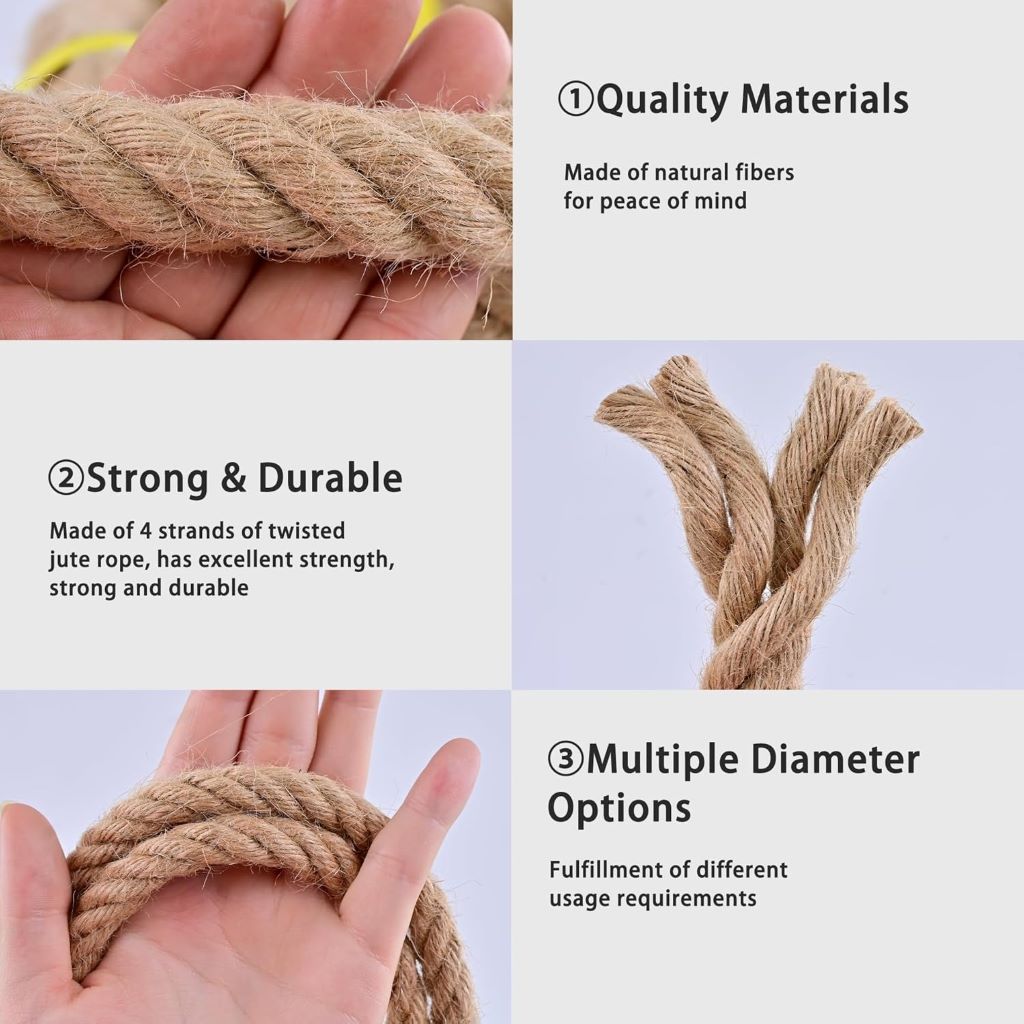 Close-up of strong MKMJ 100ft jute hemp rope suitable for crafts and outdoor use.