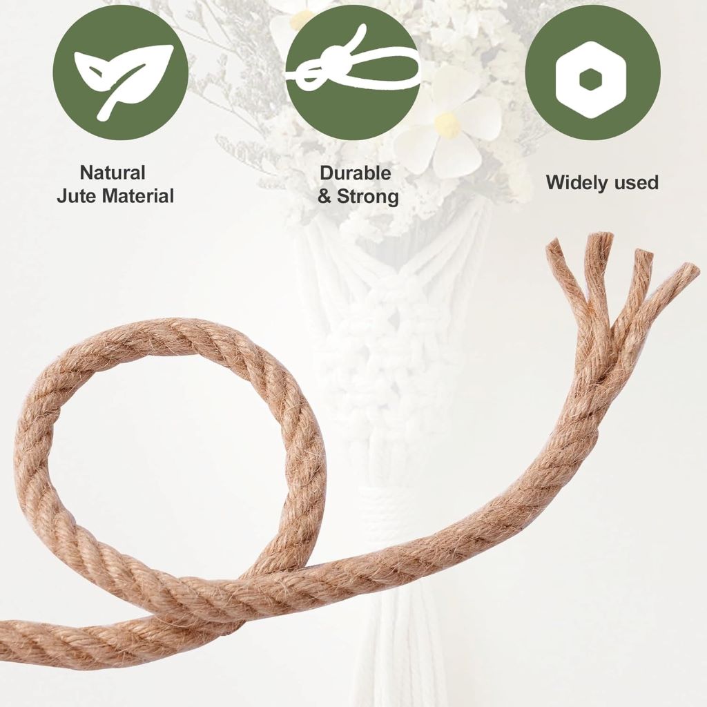 Coiled MKMJ natural jute hemp rope highlighting its durable 1/2-inch, 100-foot design.