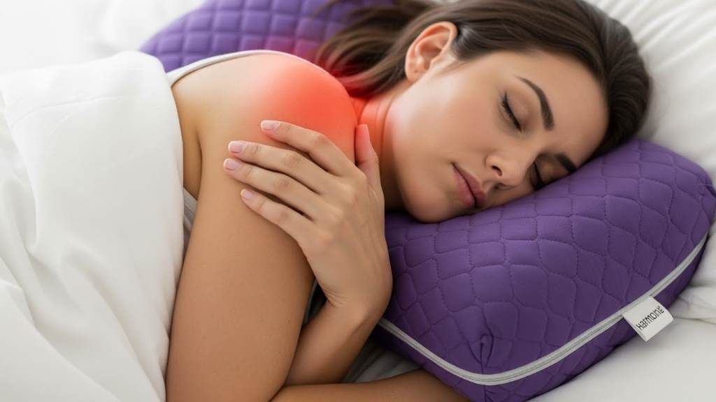 Person sleeping on side with Purple Harmony Pillow alleviating shoulder pain.