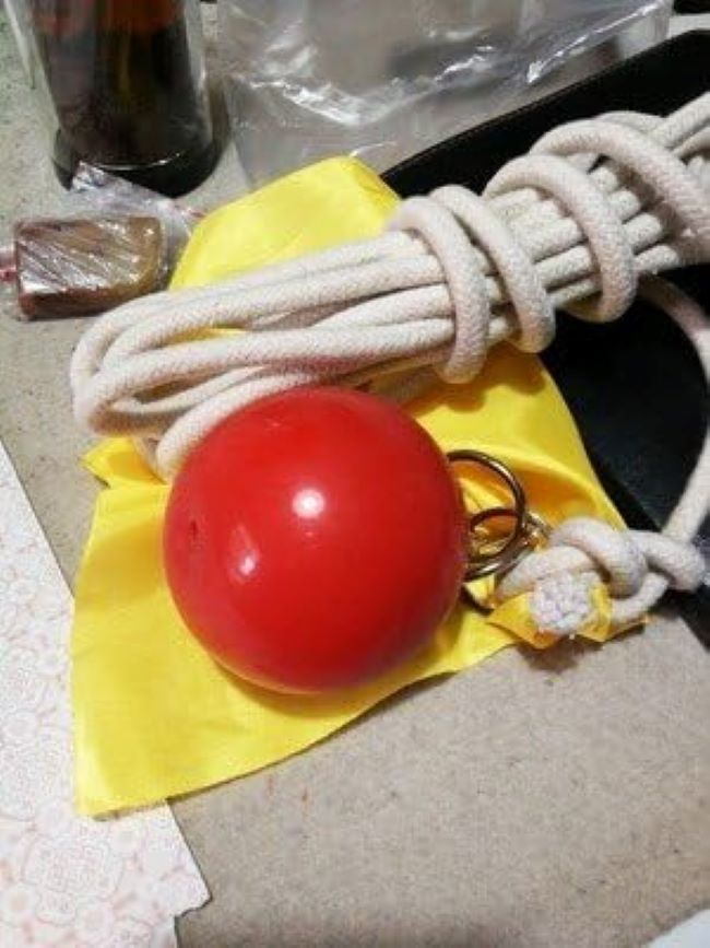 Suzakoo rubber exercise ball with rope set up for home workouts.