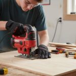 Beginner holding a jig saw and making a smooth curved cut in plywood on a workbench