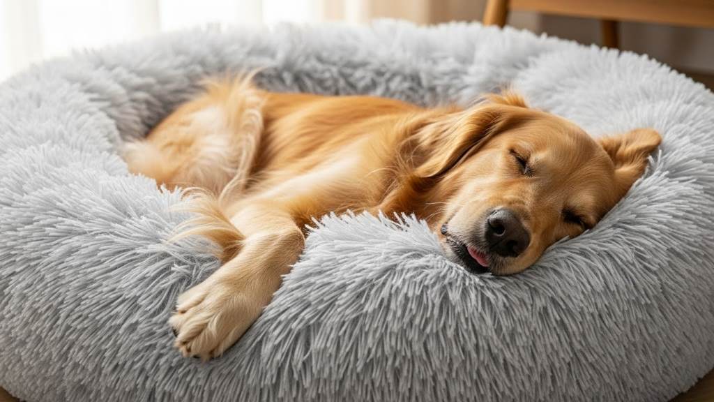 Fluffy gray KSIIA dog bed cradling a relaxed golden retriever in peaceful slumber