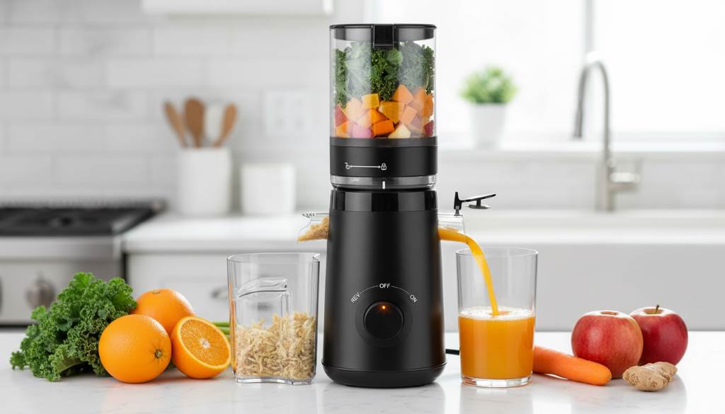 Fully assembled TUUMIIST cold press juicer on counter with fresh fruits and vibrant juice glass nearby