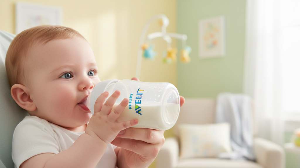 Happy baby feeding from Philips Avent bottle showing reduced fussiness and gas relief