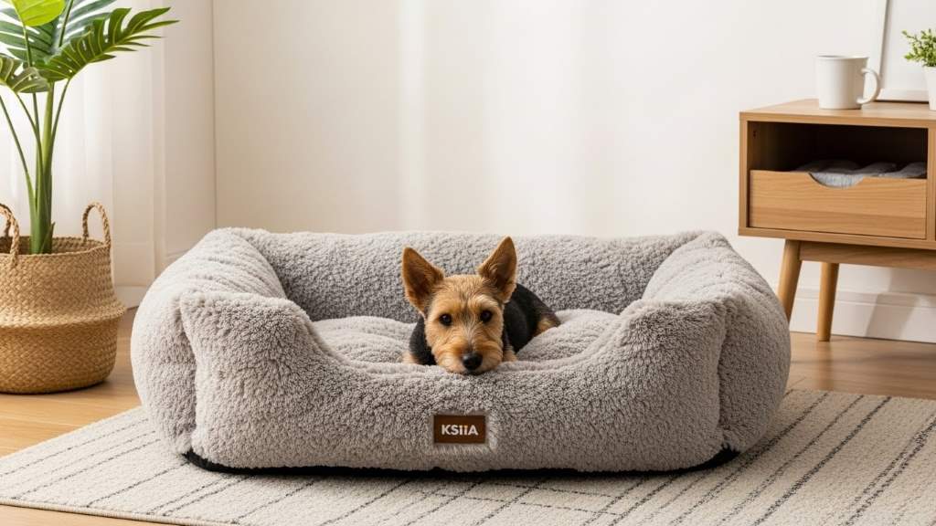 Large KSIIA plush bed in a cozy home corner, inviting a small terrier to rest comfortably