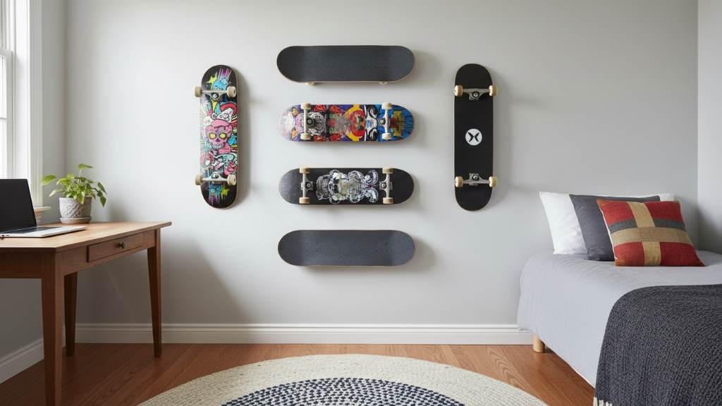 Organized skateboard collection in a small bedroom using wall-mounted racks, freeing floor space and displaying board graphics as decor