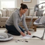 Parent carefully assembling the Graco Slim Spaces compact baby swing on a living room floor