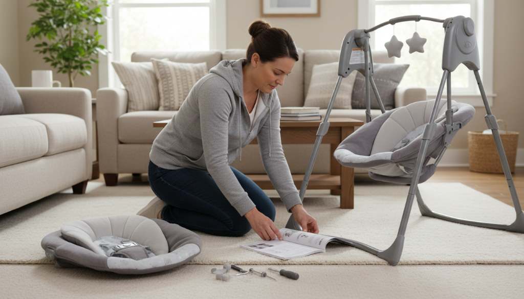 Parent carefully assembling the Graco Slim Spaces compact baby swing on a living room floor