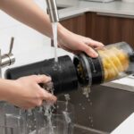 Person quickly rinsing TUUMIIST cold press juicer parts under running water in a modern kitchen sink