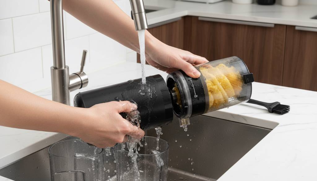 Person quickly rinsing TUUMIIST cold press juicer parts under running water in a modern kitchen sink