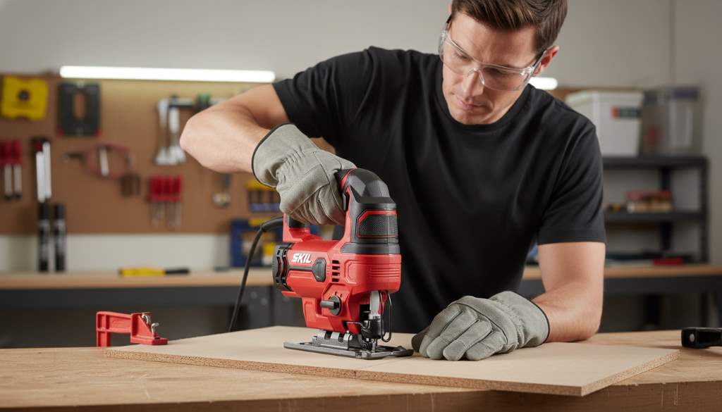 Person wearing safety glasses and gloves demonstrating proper jig saw grip and stance