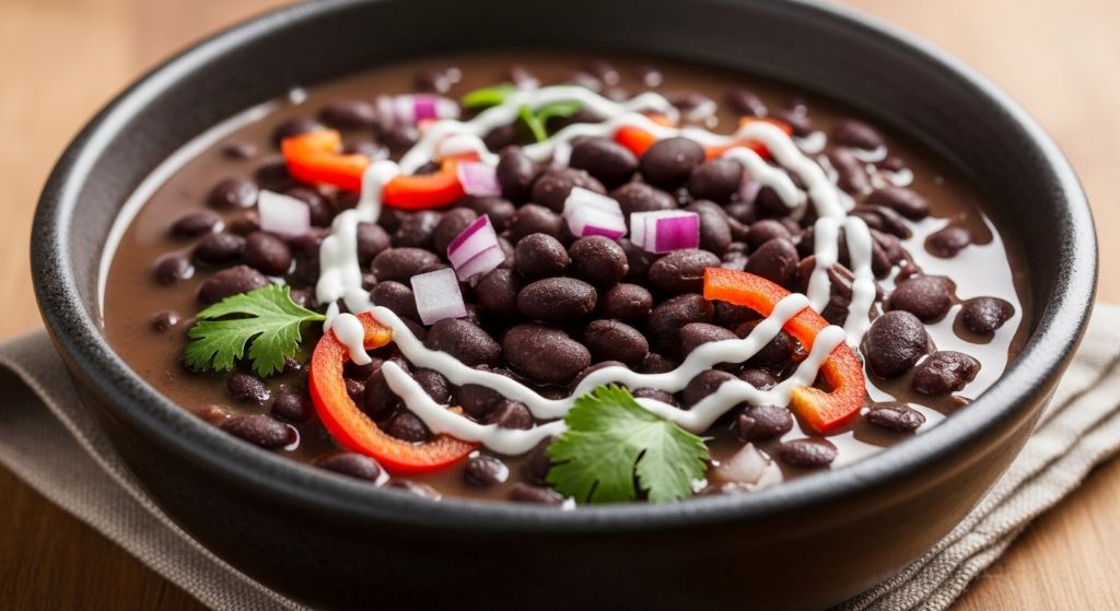 Bowl of creamy slow cooked black beans with whole intact skins and aromatic vegetables