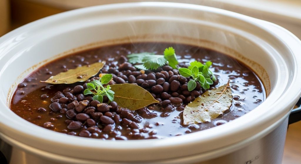 Slow cooker filled with tender cooked black beans in savory broth with bay leaves and herbs