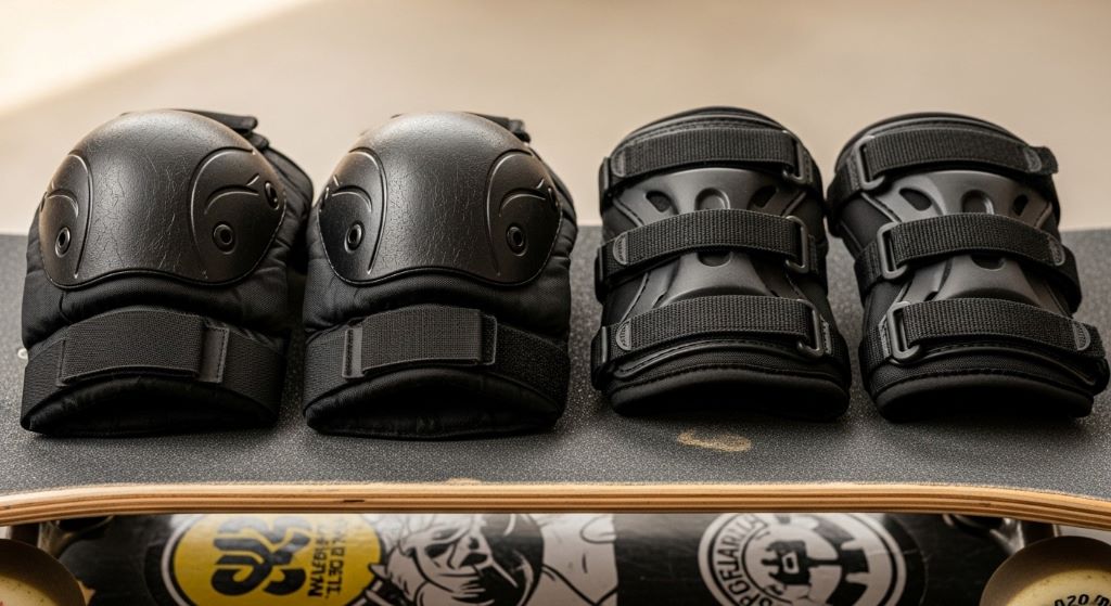 Close-up of hard shell knee pads and wrist guards laid out on a skateboard deck for beginner protection comparison