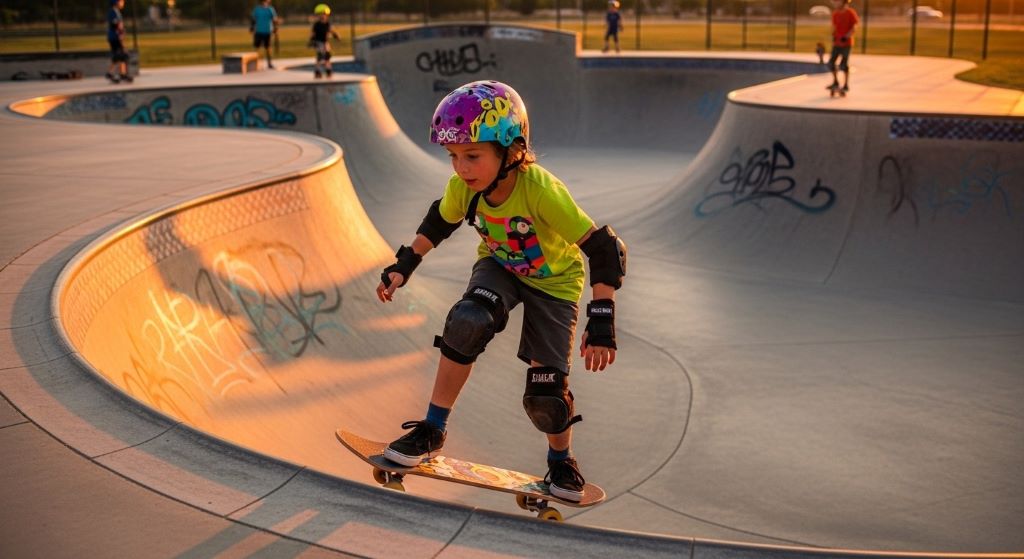 Beginner skater wearing complete protective gear including knee pads, elbow pads, and wrist guards on a concrete skatepark