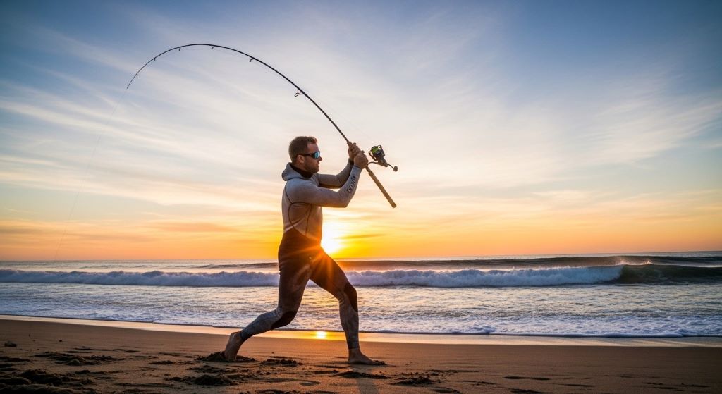 Angler performing powerful surf cast with extended fishing rod demonstrating proper technique for achieving maximum casting distance from beach