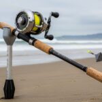 Long surf fishing rod with spinning reel positioned on beach sand showing proper setup for distance casting in saltwater conditions