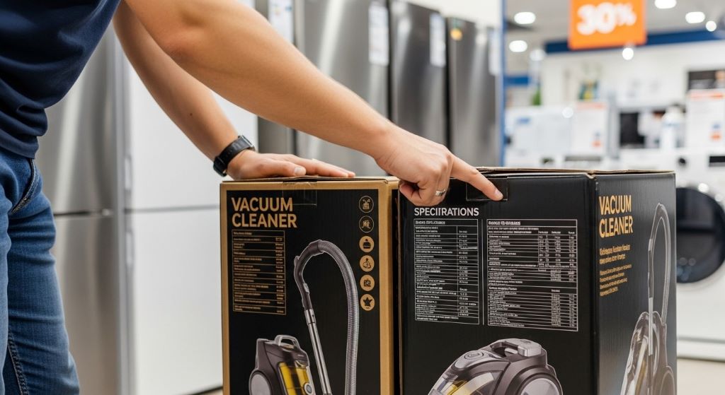Person comparing vacuum cleaner specifications on product boxes in appliance store showroom