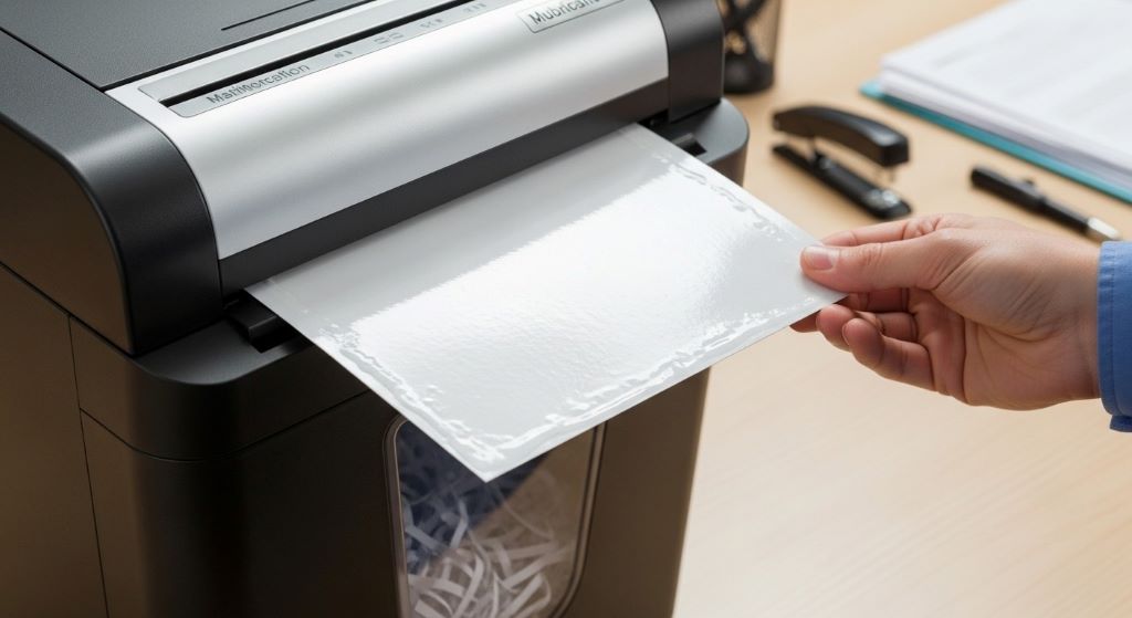 Maintenance lubrication sheet being inserted into paper shredder for blade cleaning and smooth operation