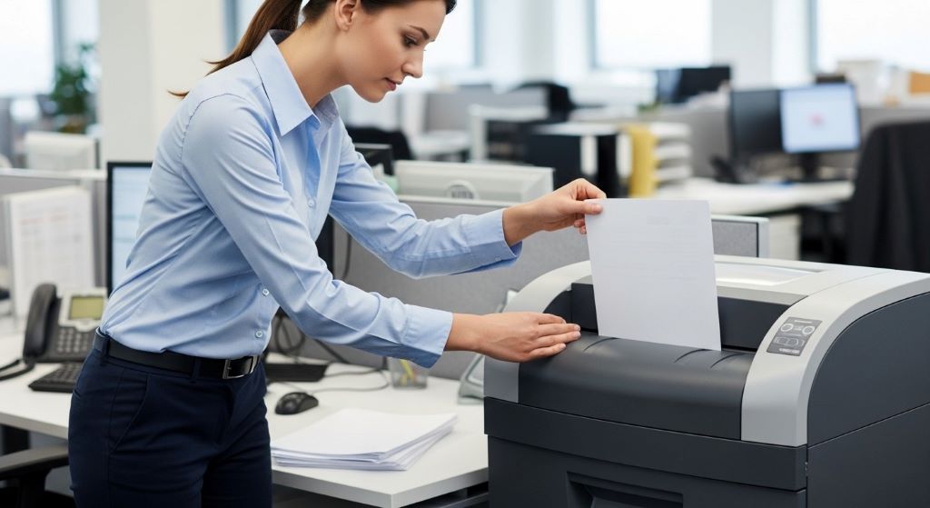 Office worker properly feeding paper into commercial shredder one sheet at a time to prevent jams