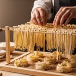 Fresh homemade noodles hanging on pasta drying rack