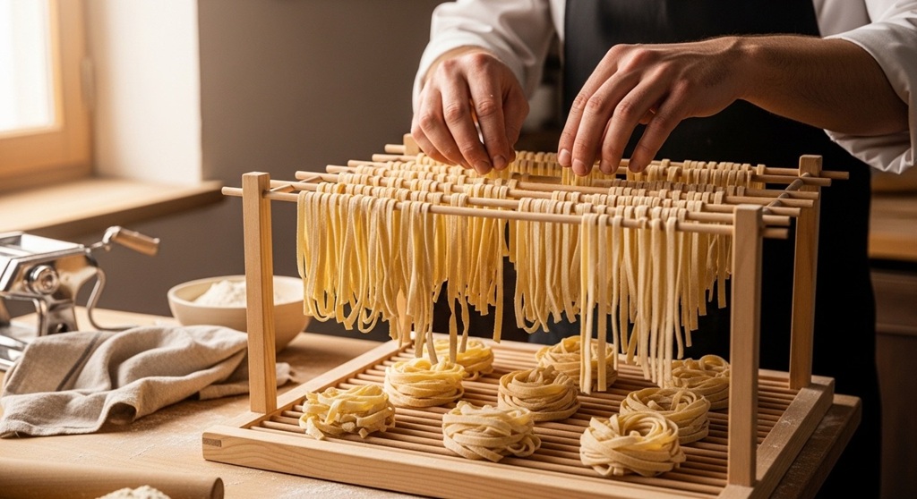 Fresh homemade noodles hanging on pasta drying rack