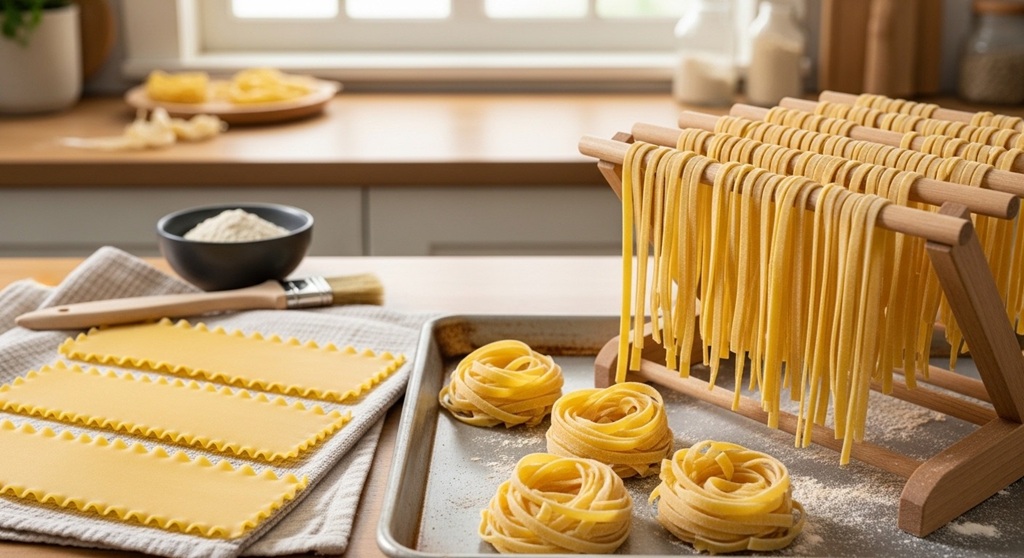 Air drying pasta strands separated on wooden rack