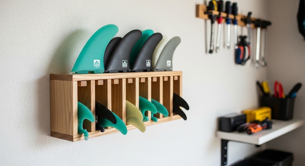 Different surfboard fin sets arranged neatly in storage box