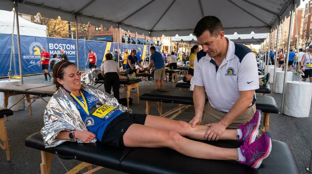 Athlete receiving post-marathon sports massage to relieve muscle soreness