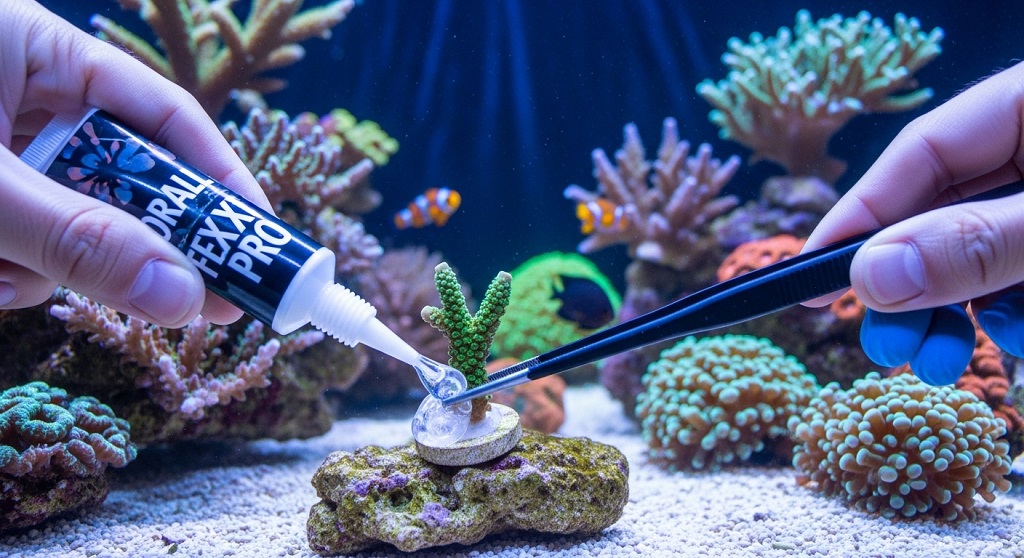 aquarium hobbyist attaching coral frag to live rock with glue