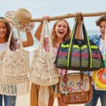 Cute pastel beach bags for teens on sandy beach