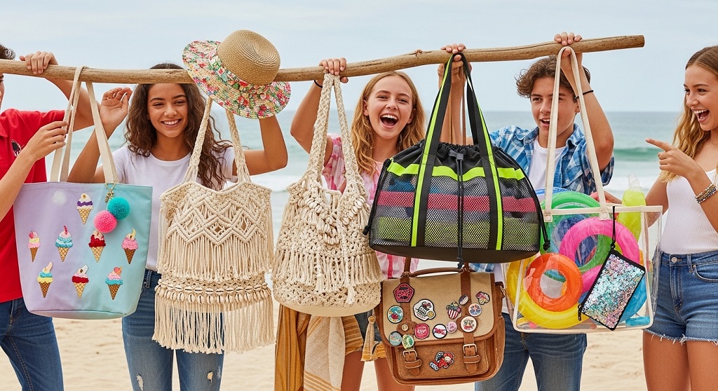Cute pastel beach bags for teens on sandy beach