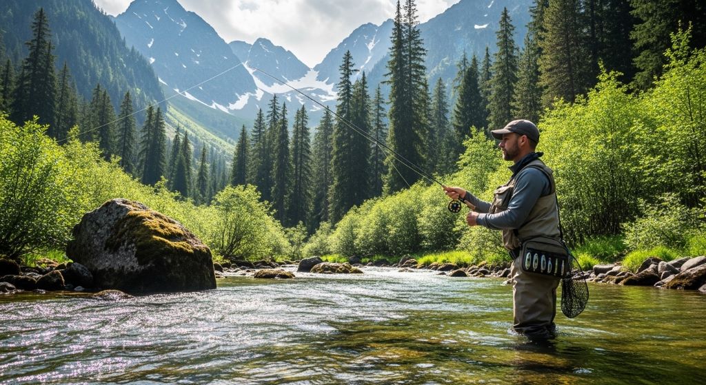 Angler using a portable travel rod to fish by a mountain stream