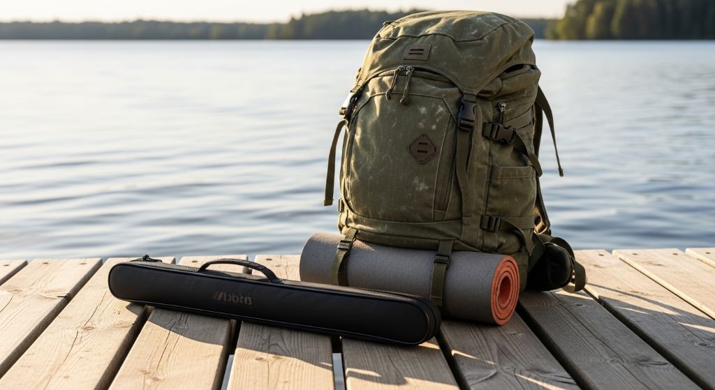 Compact collapsible fishing rod in a carrying case next to a travel backpack