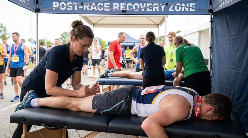 Spa therapist applying deep tissue massage on runner’s legs after race