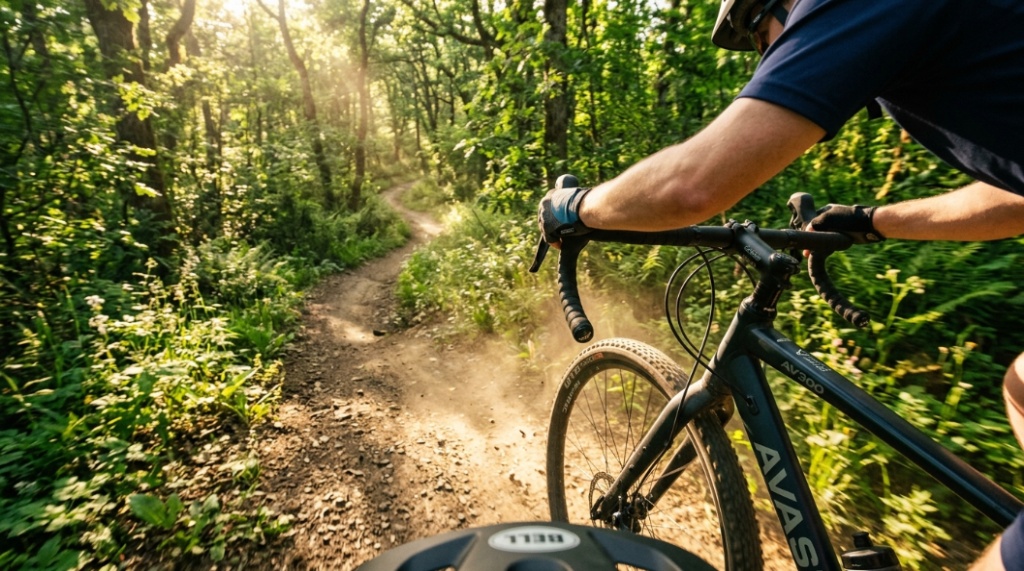 Close-up of the mechanical disc brakes and gear system on an AVASTA AV300 mountain bike.