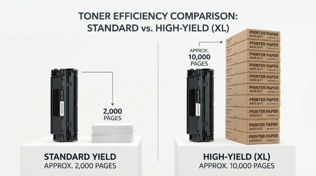 A standard toner cartridge next to a small stack of paper contrasted with a high-yield cartridge and a large stack.