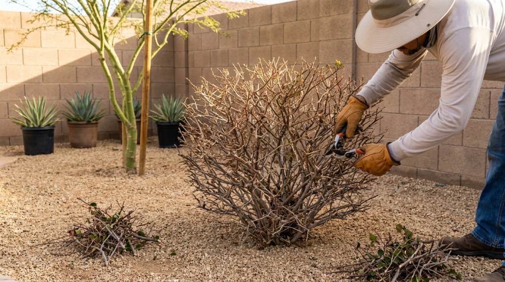 Desert backyard landscape with drought-resistant plants