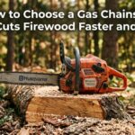 Gas chainsaw resting on a log in the woods with article title text overlay.