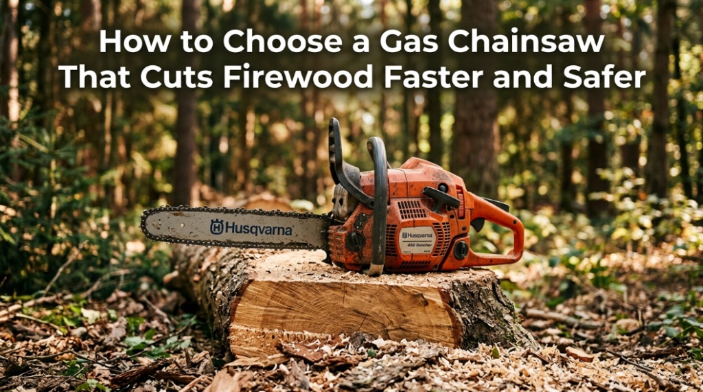 Gas chainsaw resting on a log in the woods with article title text overlay.