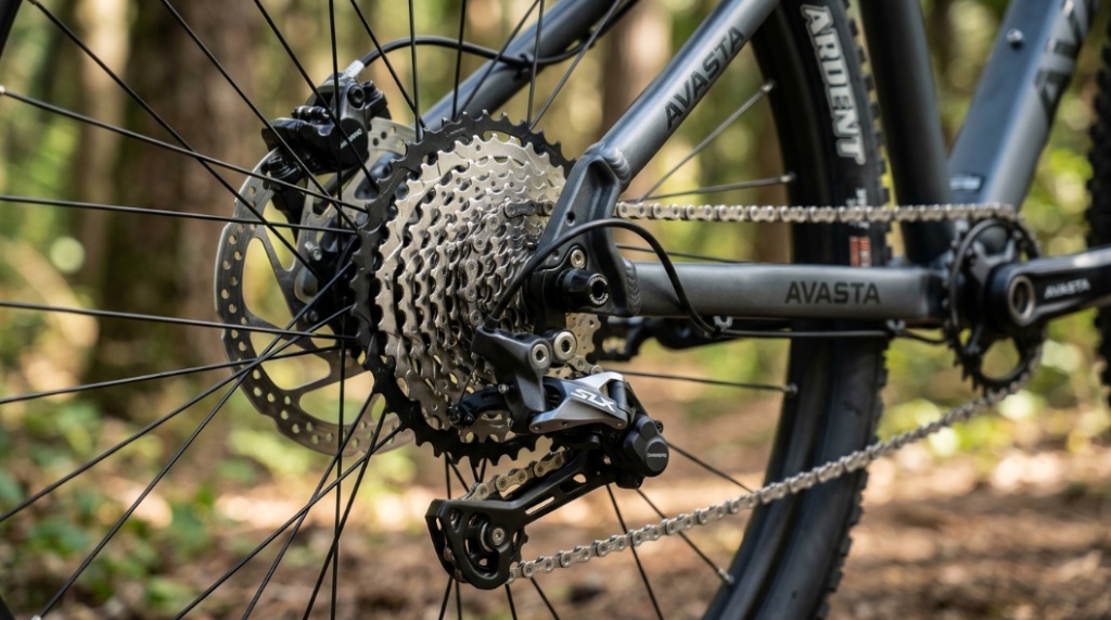 A beginner cyclist riding an AVASTA AV300 on a forest dirt trail during a sunny day.
