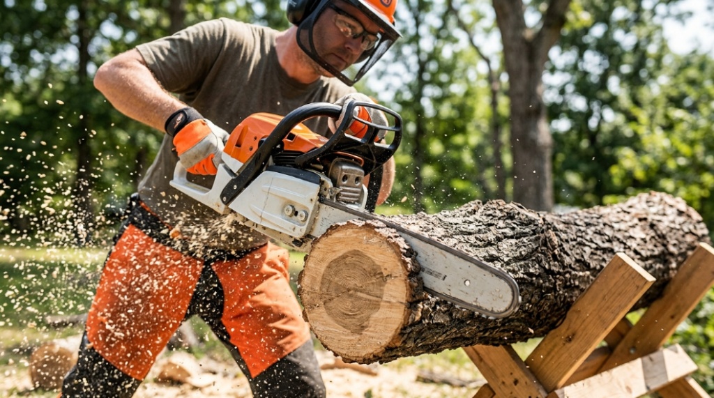 Close-up of a gas chainsaw cutting through a thick log with wood chips flying.