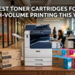Premium toner cartridges arranged in front of a modern office laser printer with article title text overlay.